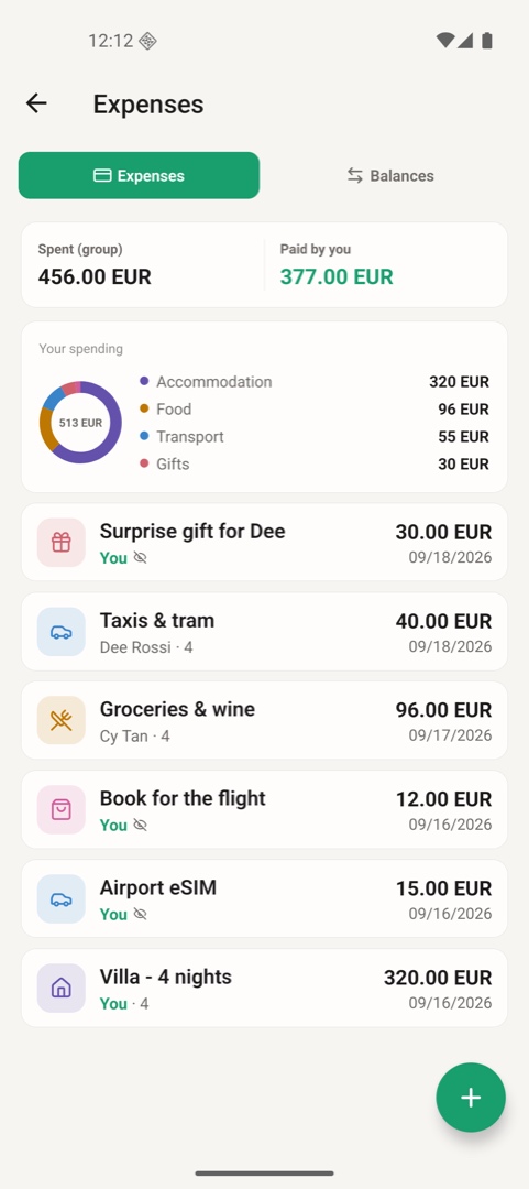 The expenses screen — group spend, your own total, and a category breakdown.