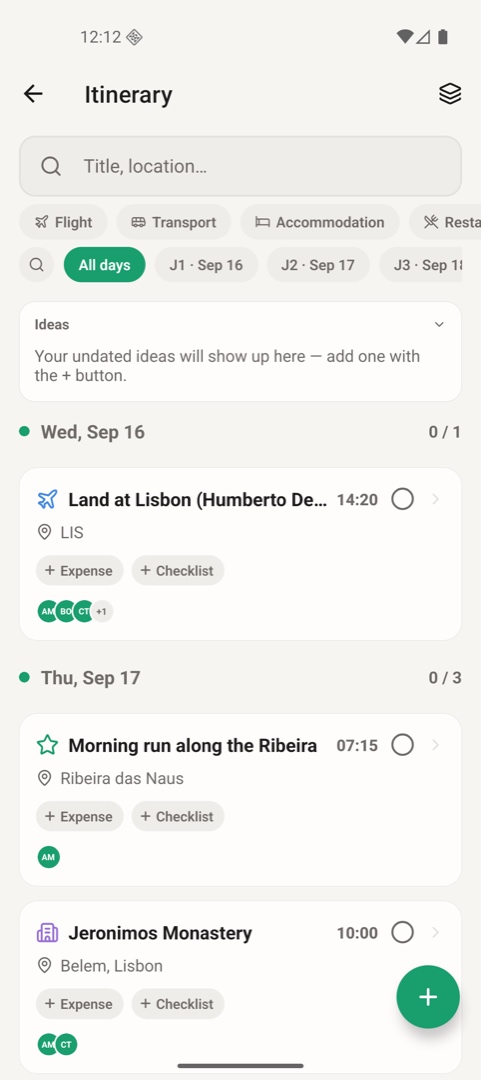 The itinerary — activities by day, with times and who's assigned.