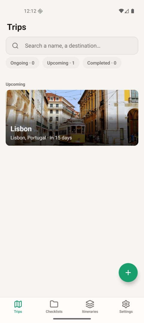 The Voyage trips list on Android — an upcoming trip to Lisbon with a cover photo of a yellow tram.