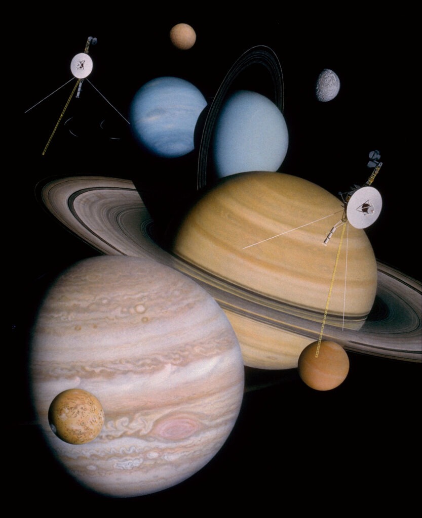 A poster of the planets and moons visited during the Voyager program.